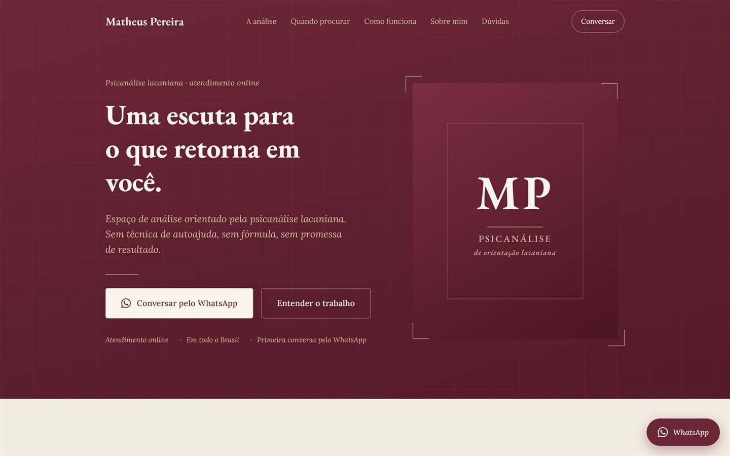 Site de Matheus Pereira, psicanalista, aberto no computador